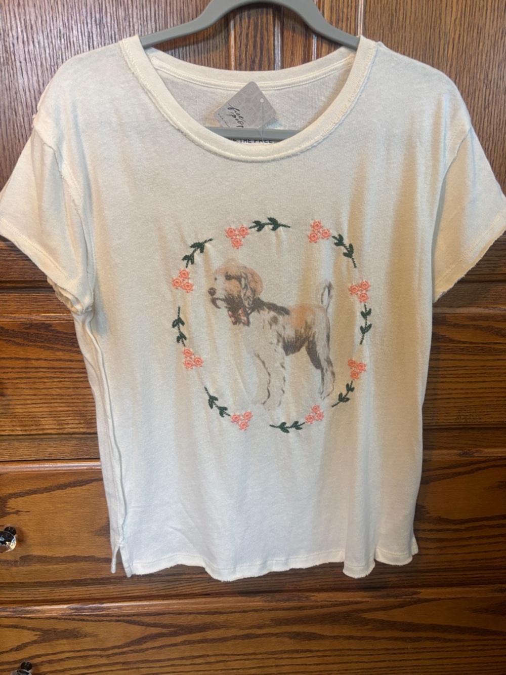 We The Free Cream Tee with Dog and Pink Floral Wreath